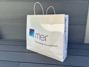 Papiertragetasche in weiß mit mer, FleetDating! und Flottentermine Logo